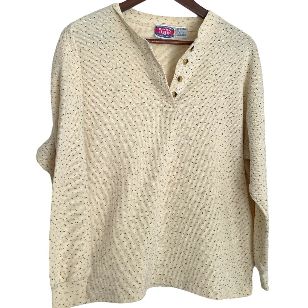 Vintage 90s Cool Blues Henley Thermal Shirt XS Yellow Floral Waffle Knit Top